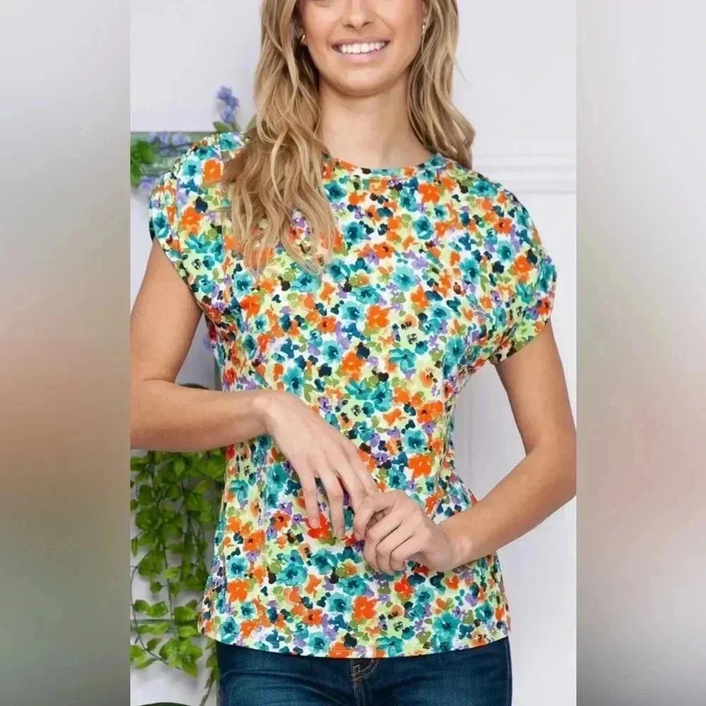 Acting Pro Women's Tie Dyed Colorful Floral Ruched Sleeve Top Sz 1X Soft Stretch